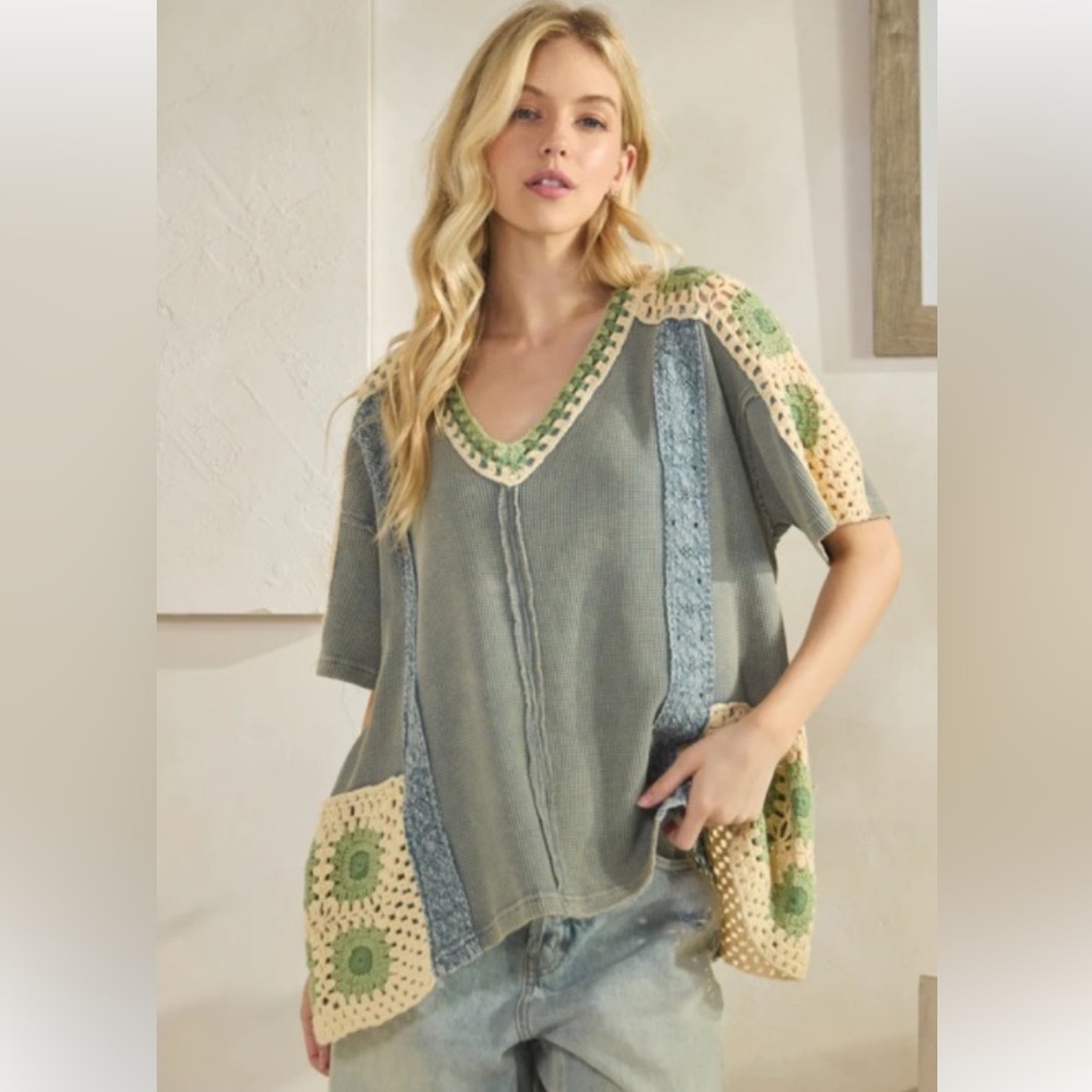 Oli & Hali Sage Green Crochet-Trim V-Neck Knit Top granny squares